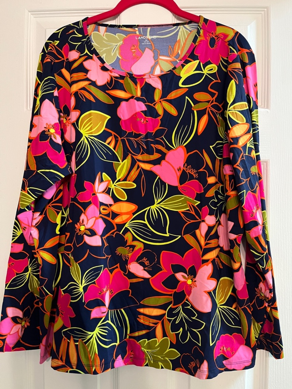 Lands' End Navy Floral Long-Sleeve Tee with Neon Pink & Lime Accents